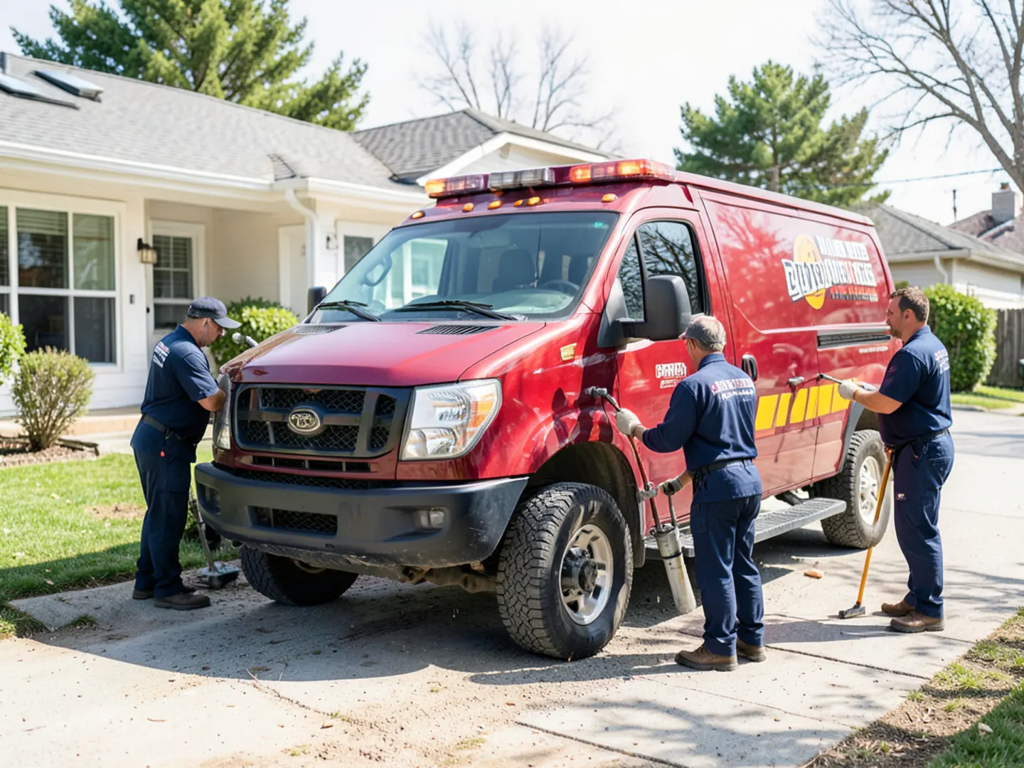 Independent plumbing contractor van arriving at single-family residence in Ontario, CA