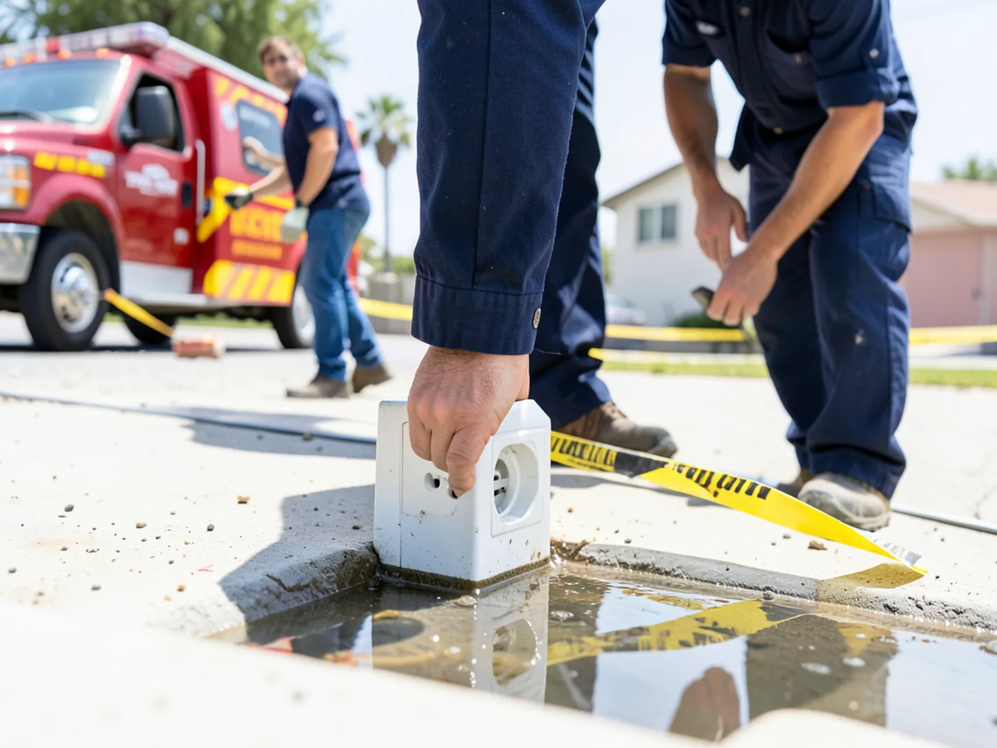 Standing water near floor electrical outlets with caution tape indicator