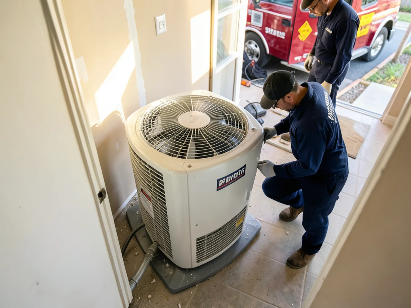 Commercial air mover fan and dehumidifier drying flooded drywall in residential hallway