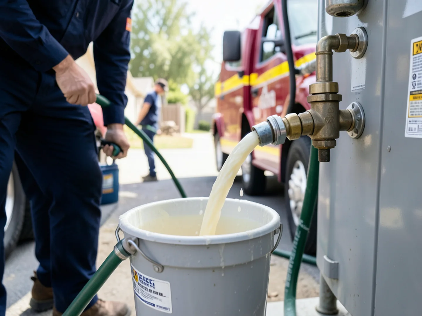 Garden hose attached to water heater drain valve flushing milky mineral sediment into bucket