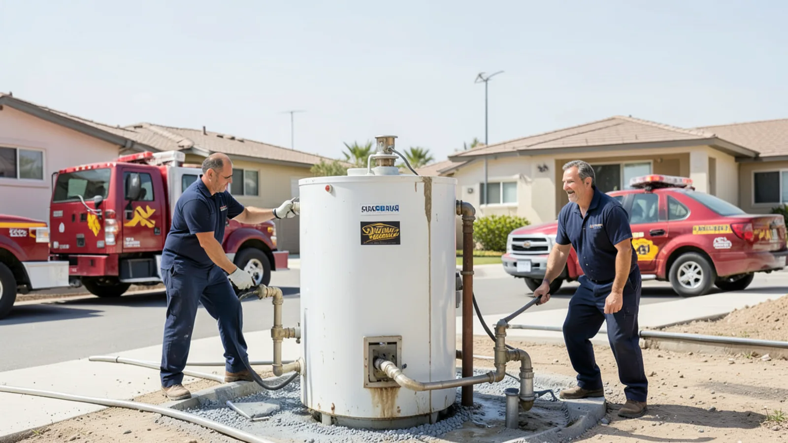 Plumbing technician flushing heavy calcium carbonate mineral sediment from water heater drain valve in Ontario, CA