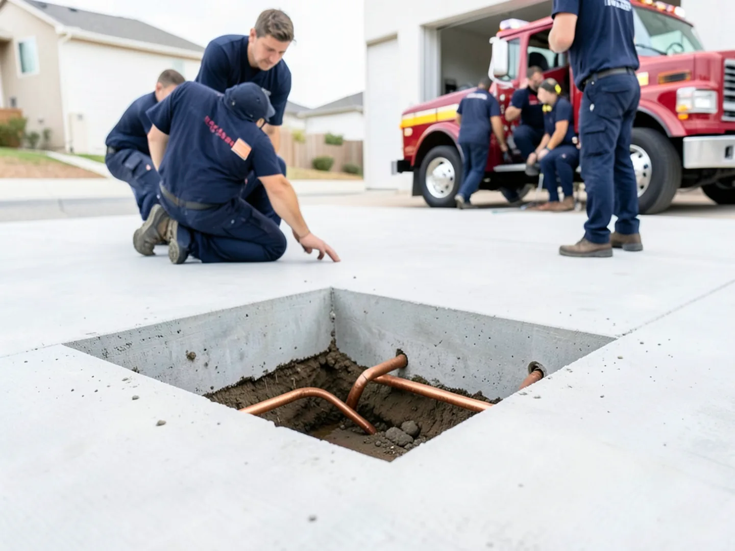 Excavated opening in concrete slab foundation showing exposed copper pipe under floor