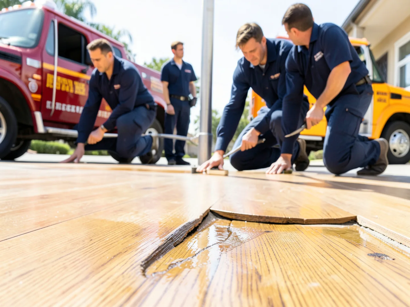 Buckled engineered hardwood floor boards damaged by hot water slab leak seepage