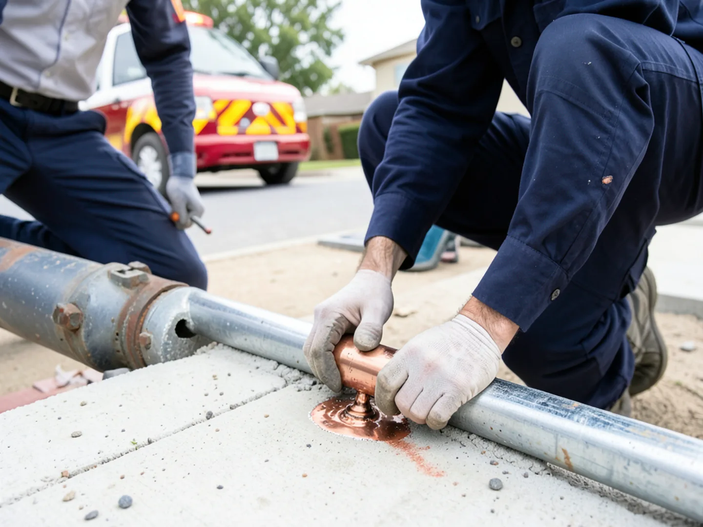 Direct copper coupling spot repair soldered onto exposed pipe beneath concrete slab