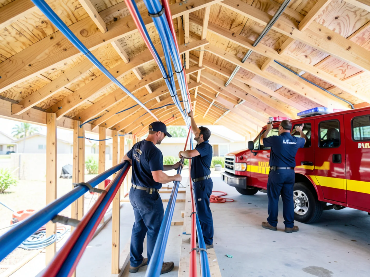 Long continuous run of blue and red PEX water lines passing through residential attic rafters