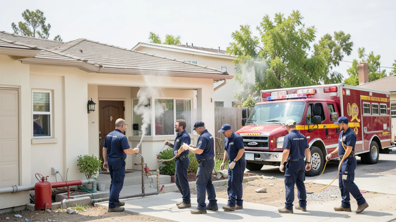 Homeowner safely standing outside home with smartphone calling emergency gas response in Ontario, CA