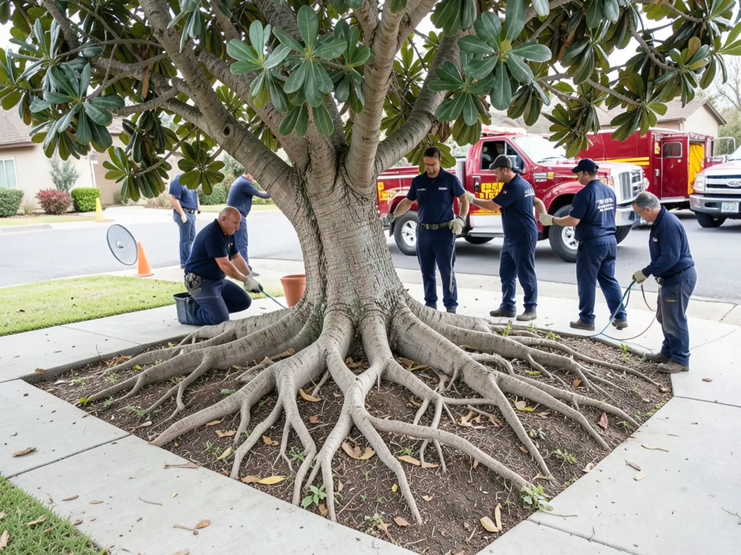 Massive root system of mature ficus tree spreading beneath residential sidewalk and front yard