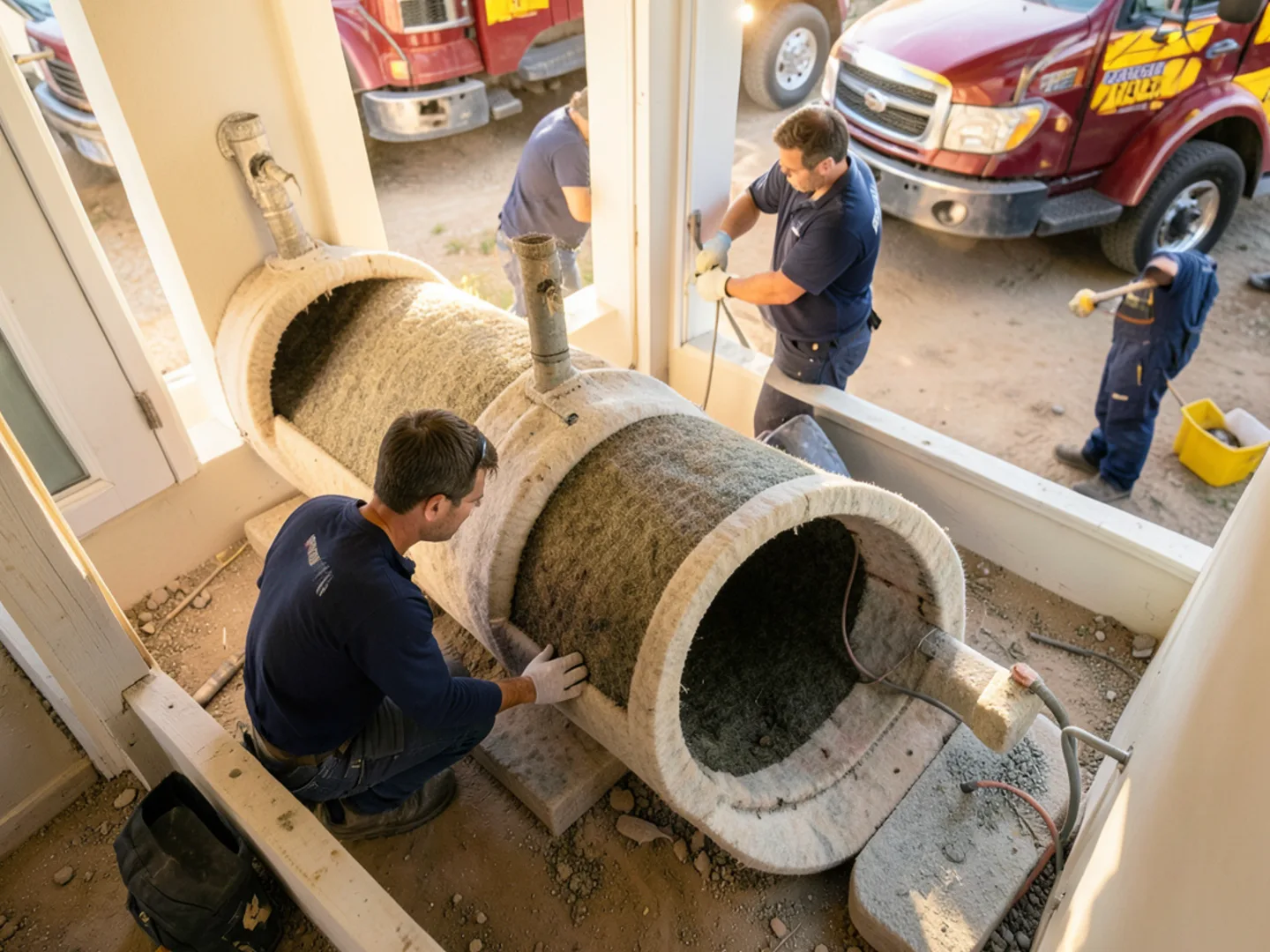 Seamless structural epoxy felt liner inserted inside old clay sewer pipe to seal root intrusion