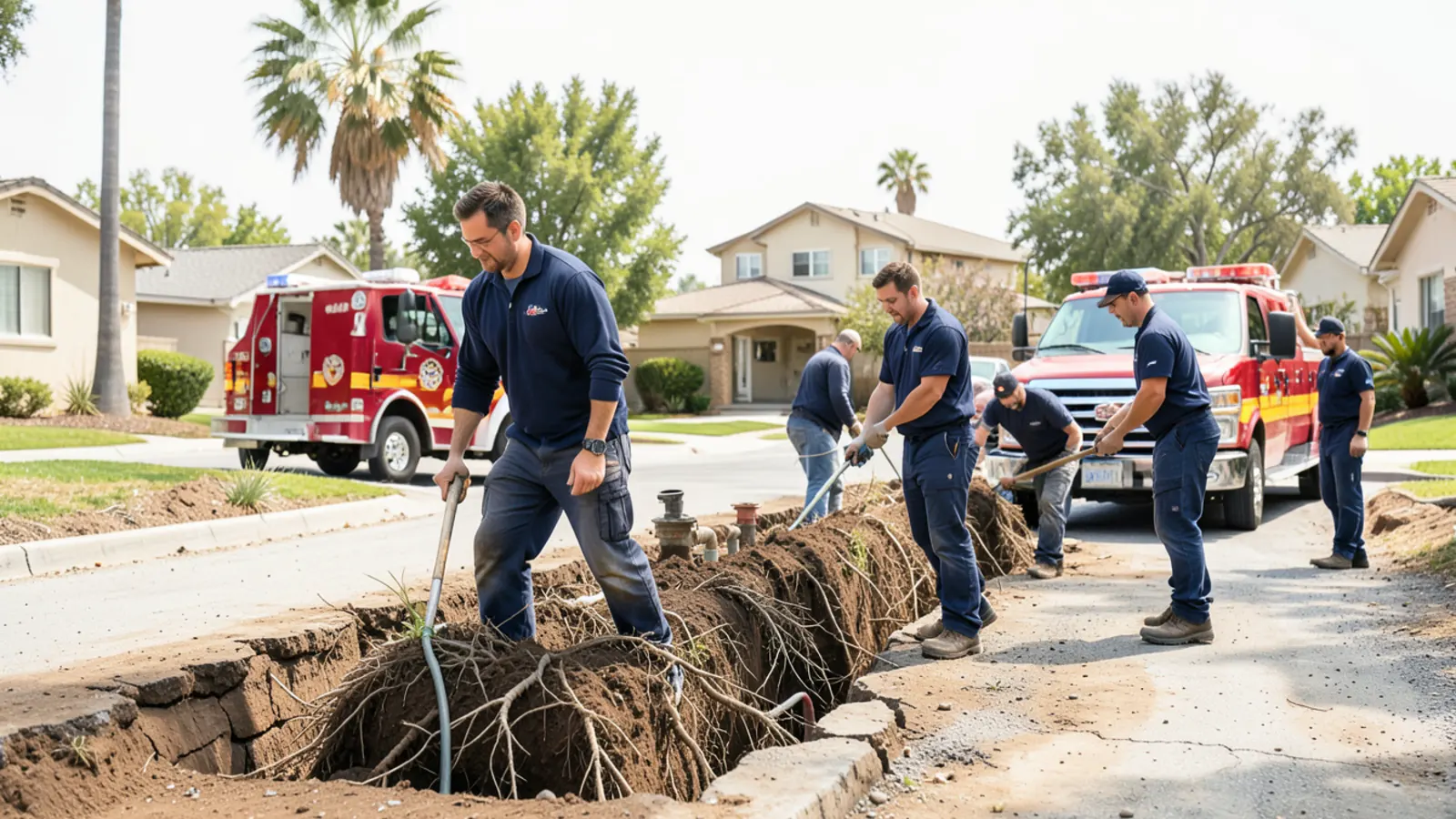 Plumbing contractor demonstrating tree roots extracted from vitrified clay sewer lateral in Upland, CA