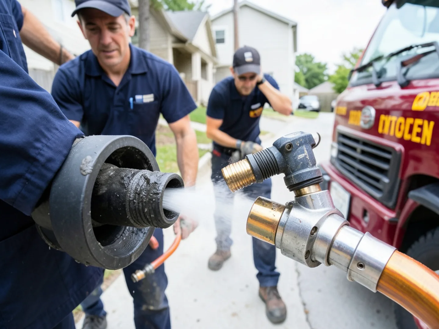 High-pressure hydro jetting hose and nozzle flushing grease from sewer cleanout in Ontario