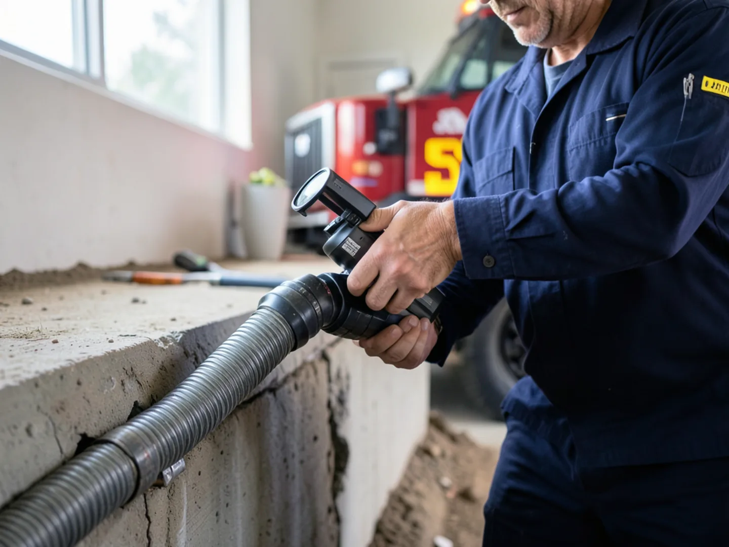 Technician guiding flexible video snake camera into underground residential drain