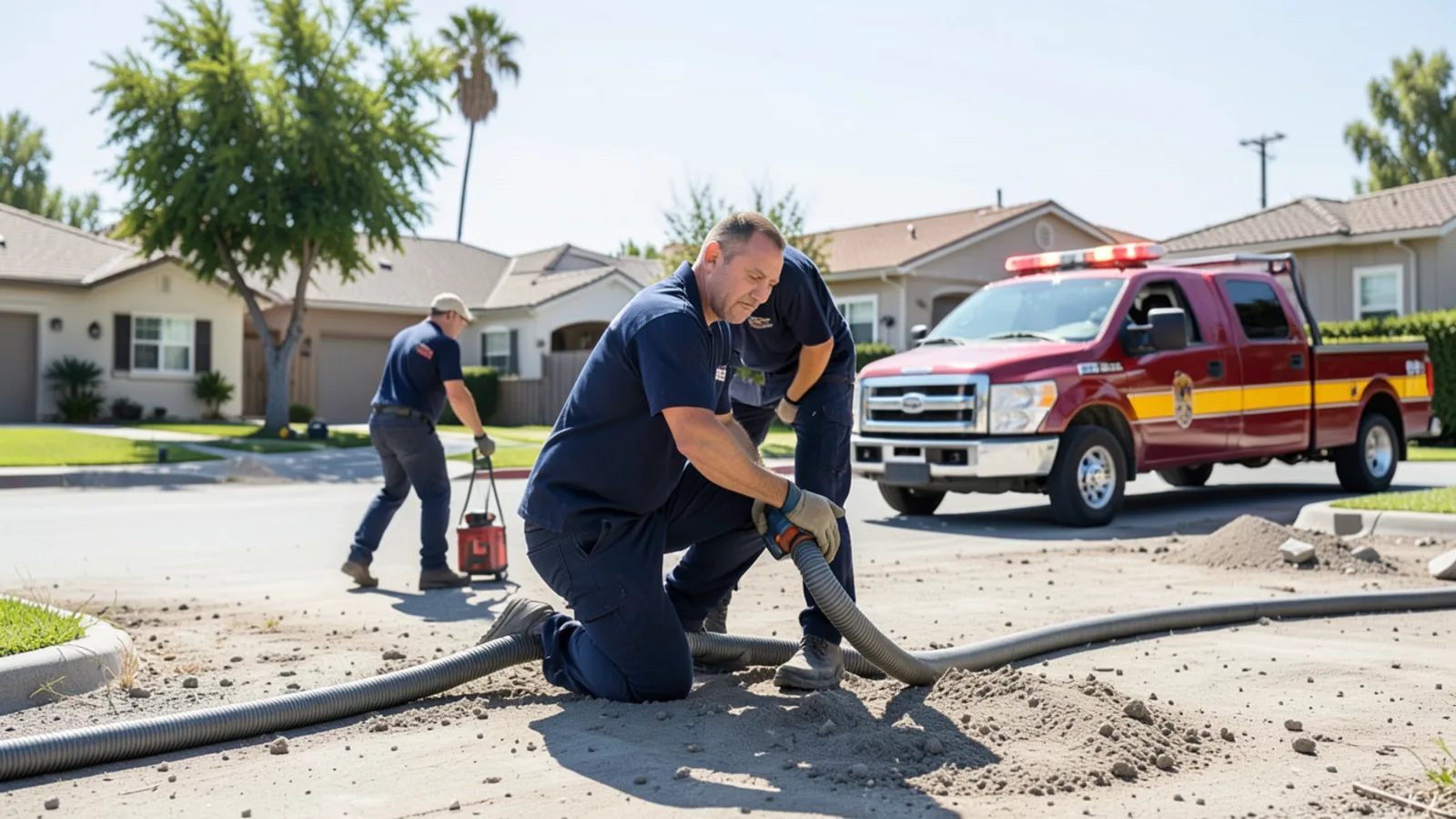Plumber operating electric motorized drain snake in Ontario, California residence