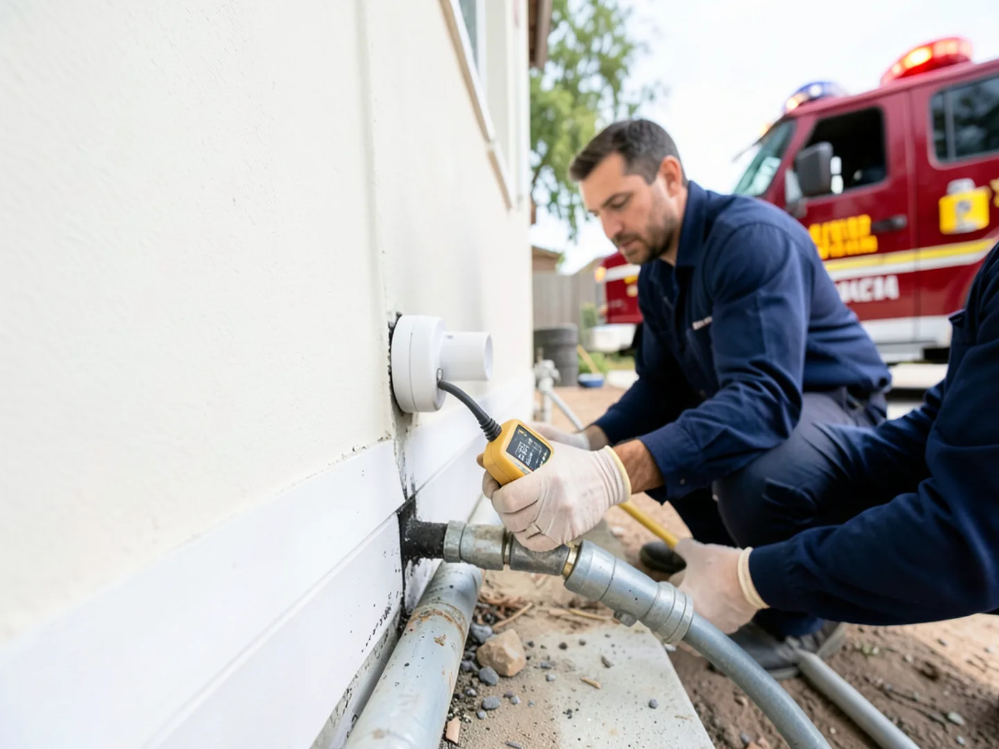 Moisture meter measuring damp drywall baseboard following plumbing leak containment