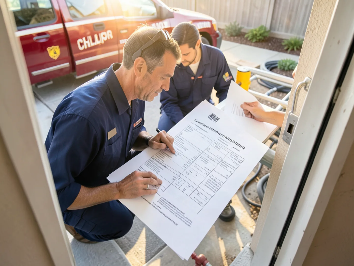 Plumbing technician providing transparent itemized written estimate to California property owner
