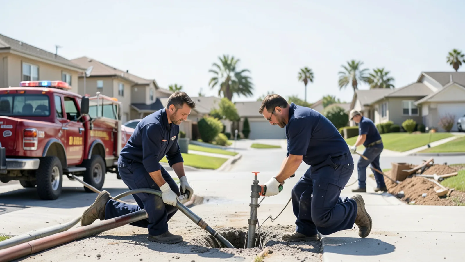 Emergency plumbing contractor shutting off pressurized water line during active leak in Ontario, CA