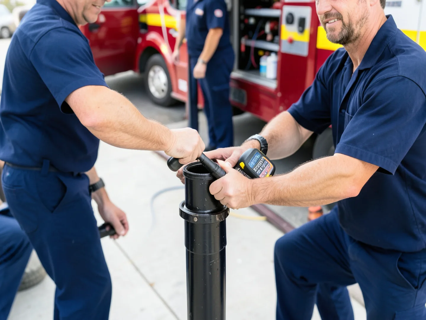Electronic handheld gas sniffer probe scanning black iron gas pipe joints in garage