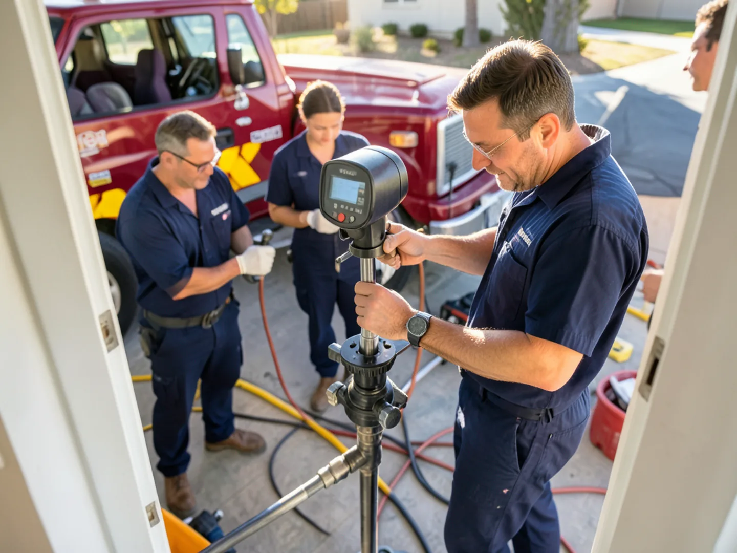 Digital manometer measuring static gas line pressure during post-repair safety inspection