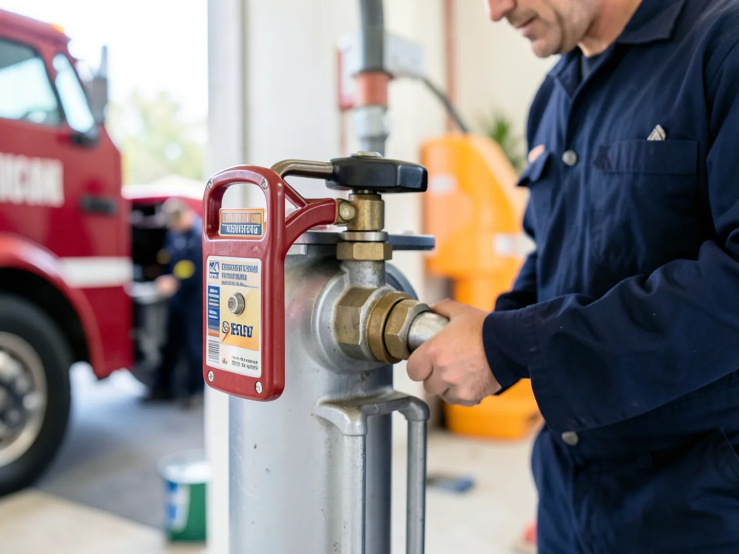 Outdoor utility gas meter assembly with emergency shutoff valve handle and regulator