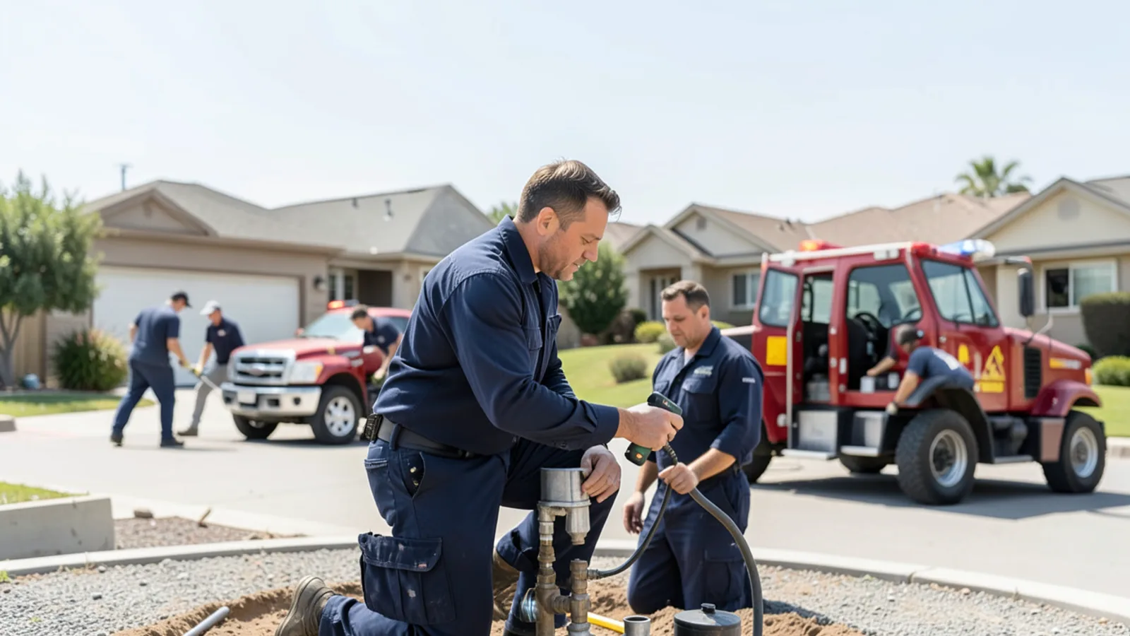 Plumber performing combustible gas leak test with electronic sensor in Ontario, CA