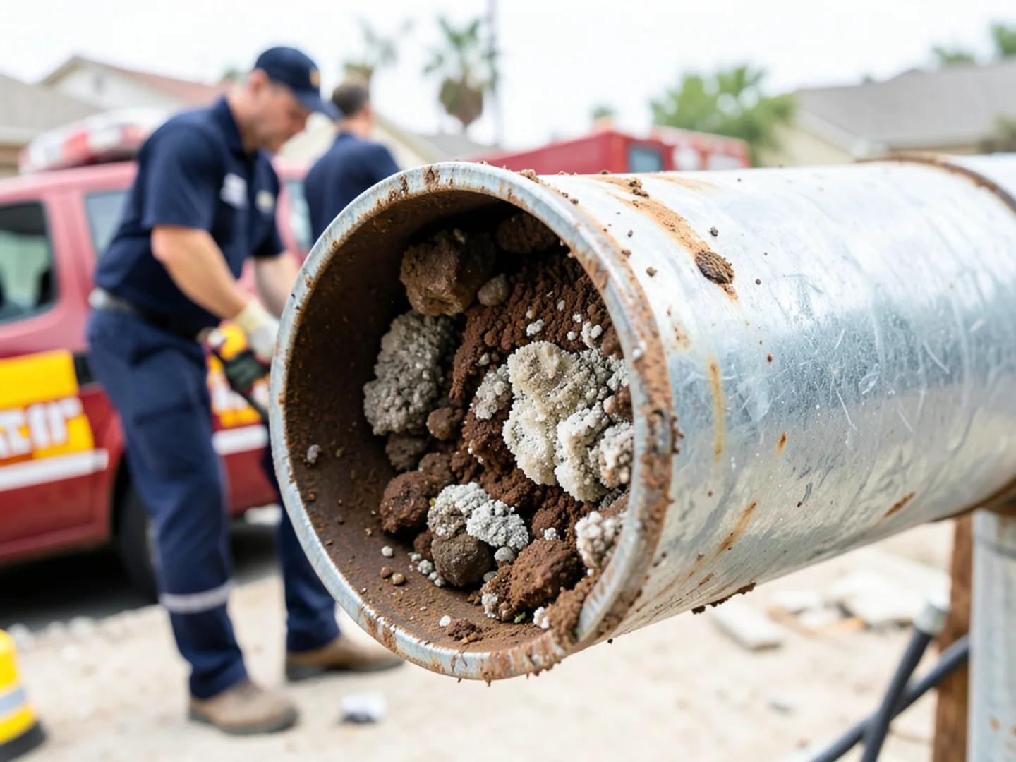 Cross section of old galvanized iron pipe clogged almost entirely with rust and mineral scale