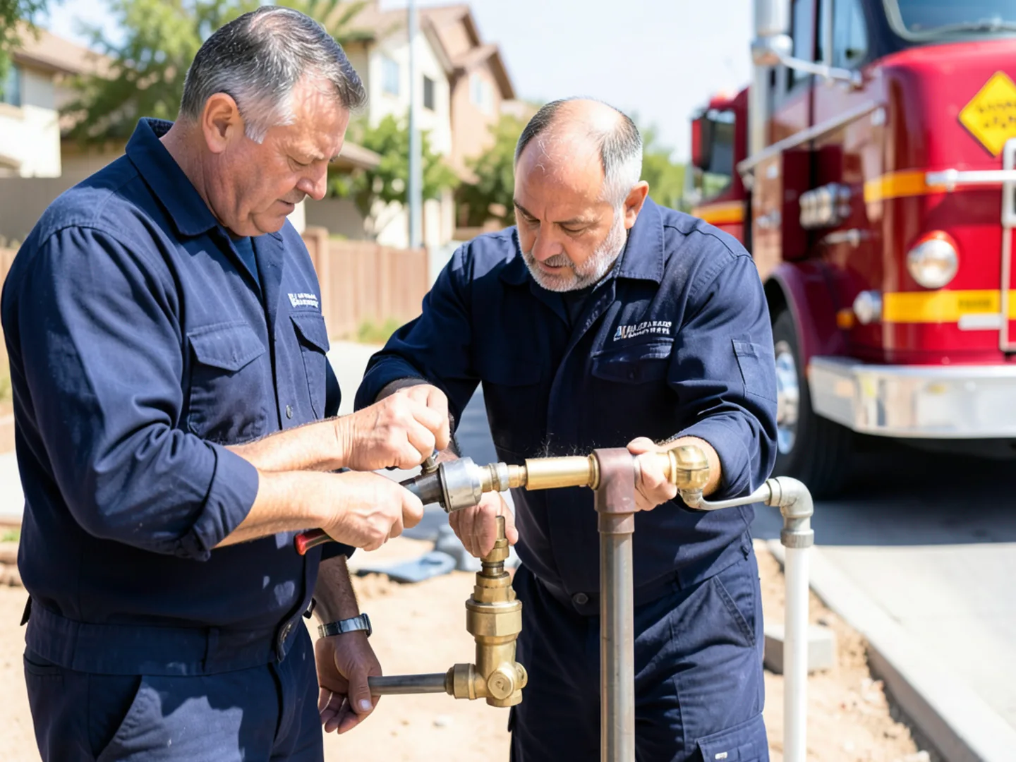 Technician using cold expansion tool on flexible PEX-A piping and brass fittings