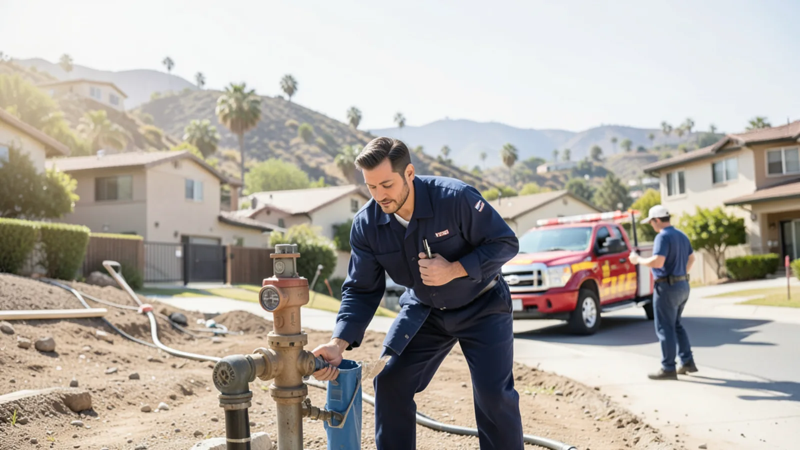 Plumbing contractor replacing failed pressure-reducing valve (PRV) on hillside residence in Chino Hills, CA