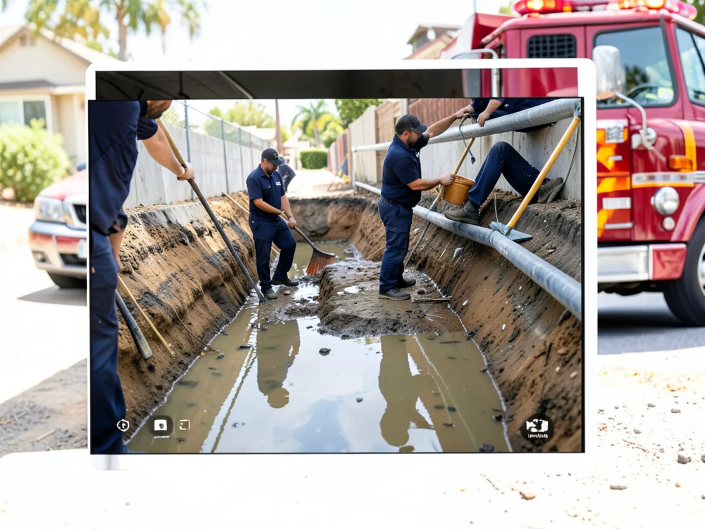 Sewer camera screen showing sewer line belly where water pools due to ground settling in Chino
