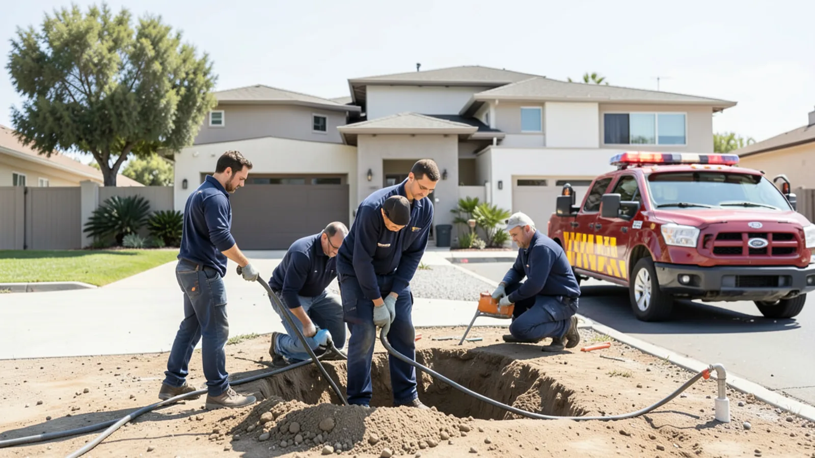 Plumbing technician performing acoustic under-slab leak detection inside master-planned residential home in Chino, CA