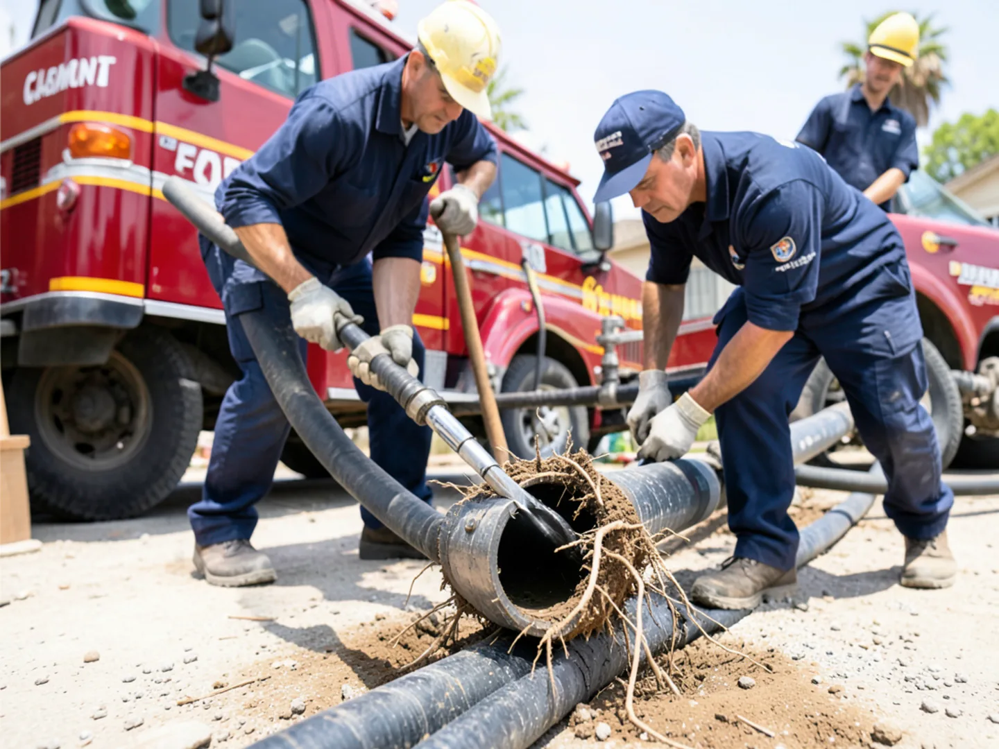 Hydro jetting hose clearing tree roots from residential sewer line in Claremont