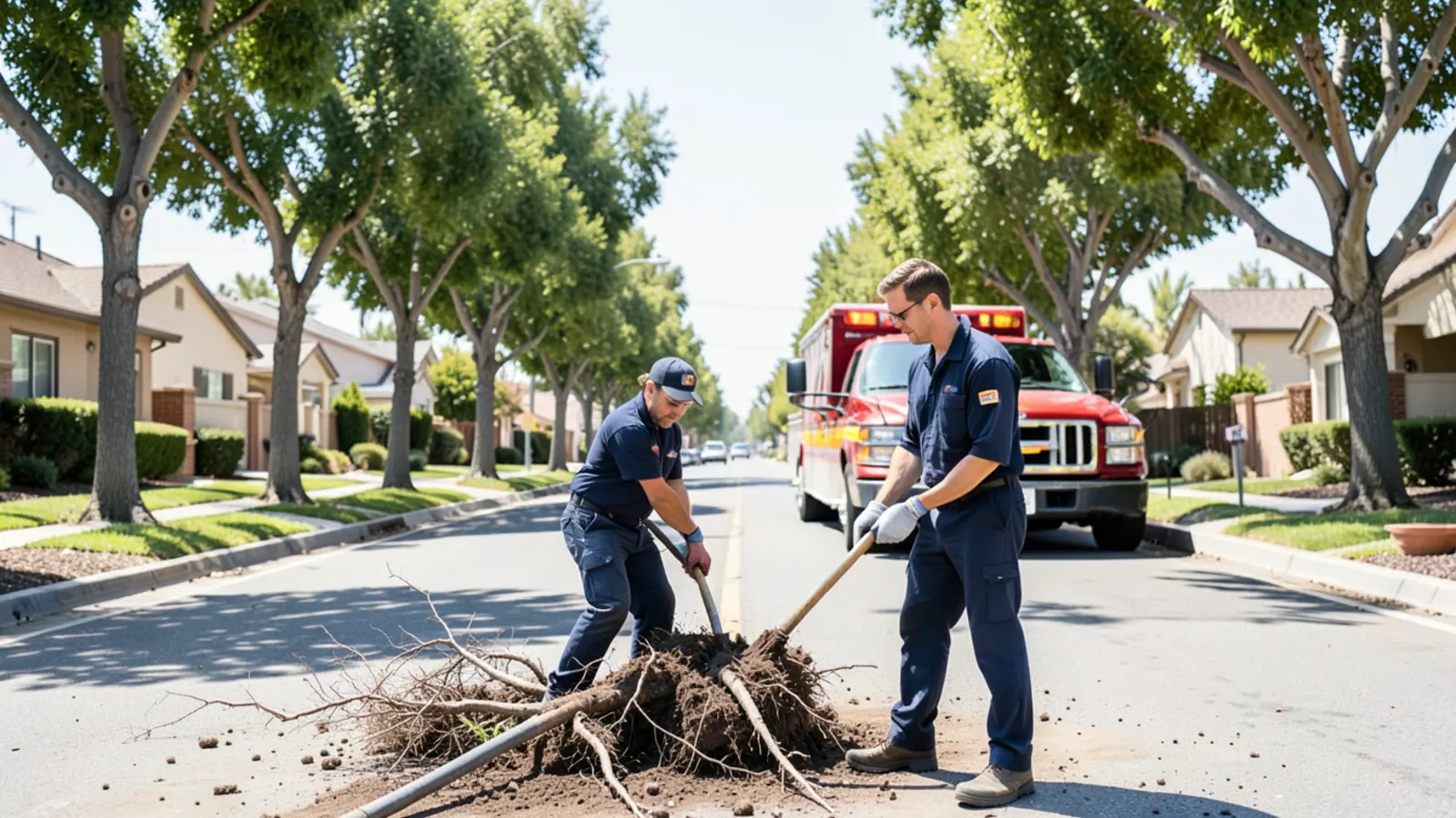 Plumber setting up drain cleaning machine under mature shade trees outside Claremont Village home
