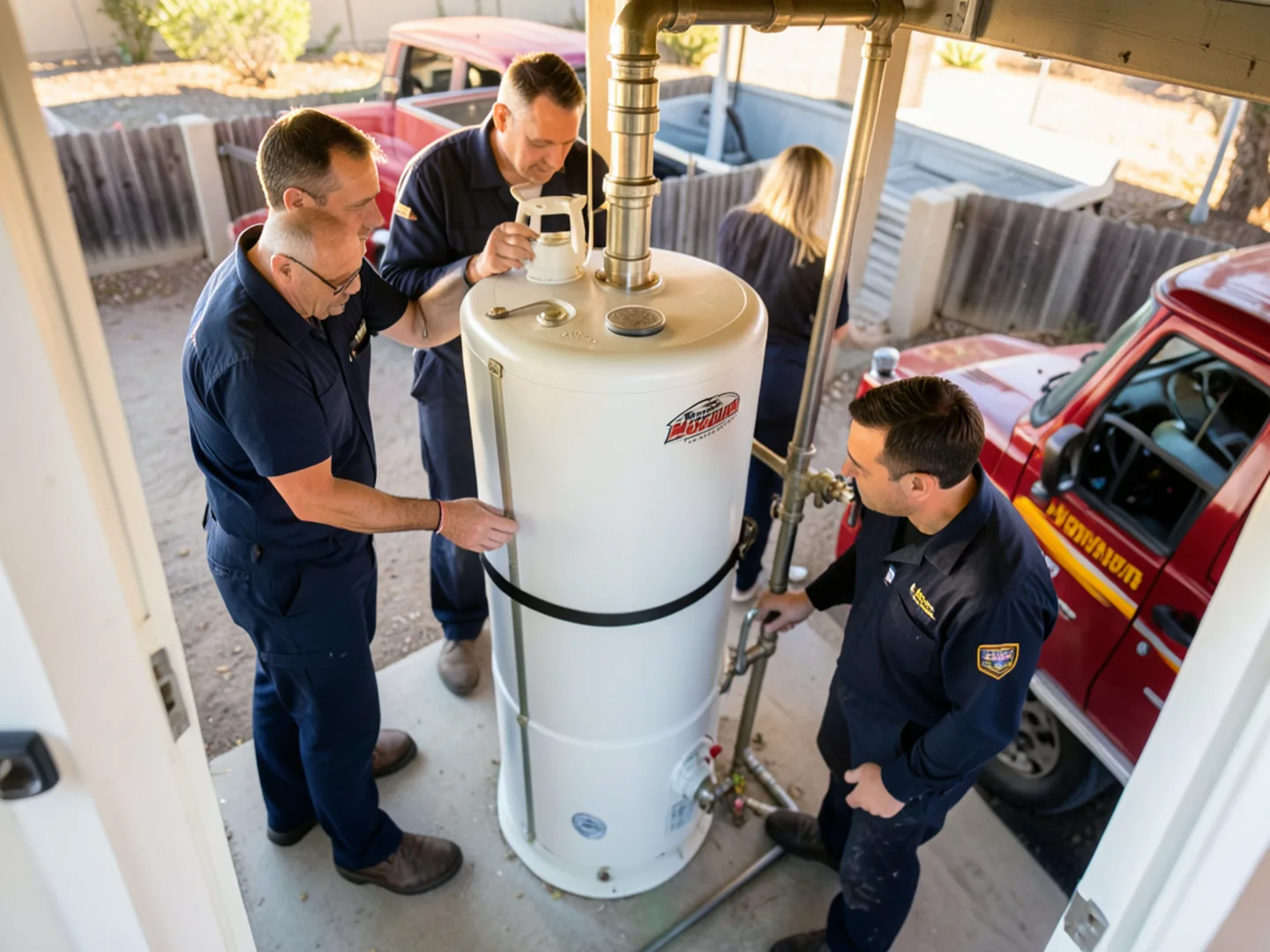 Newly installed 50-gallon gas water heater with earthquake straps in Fontana garage