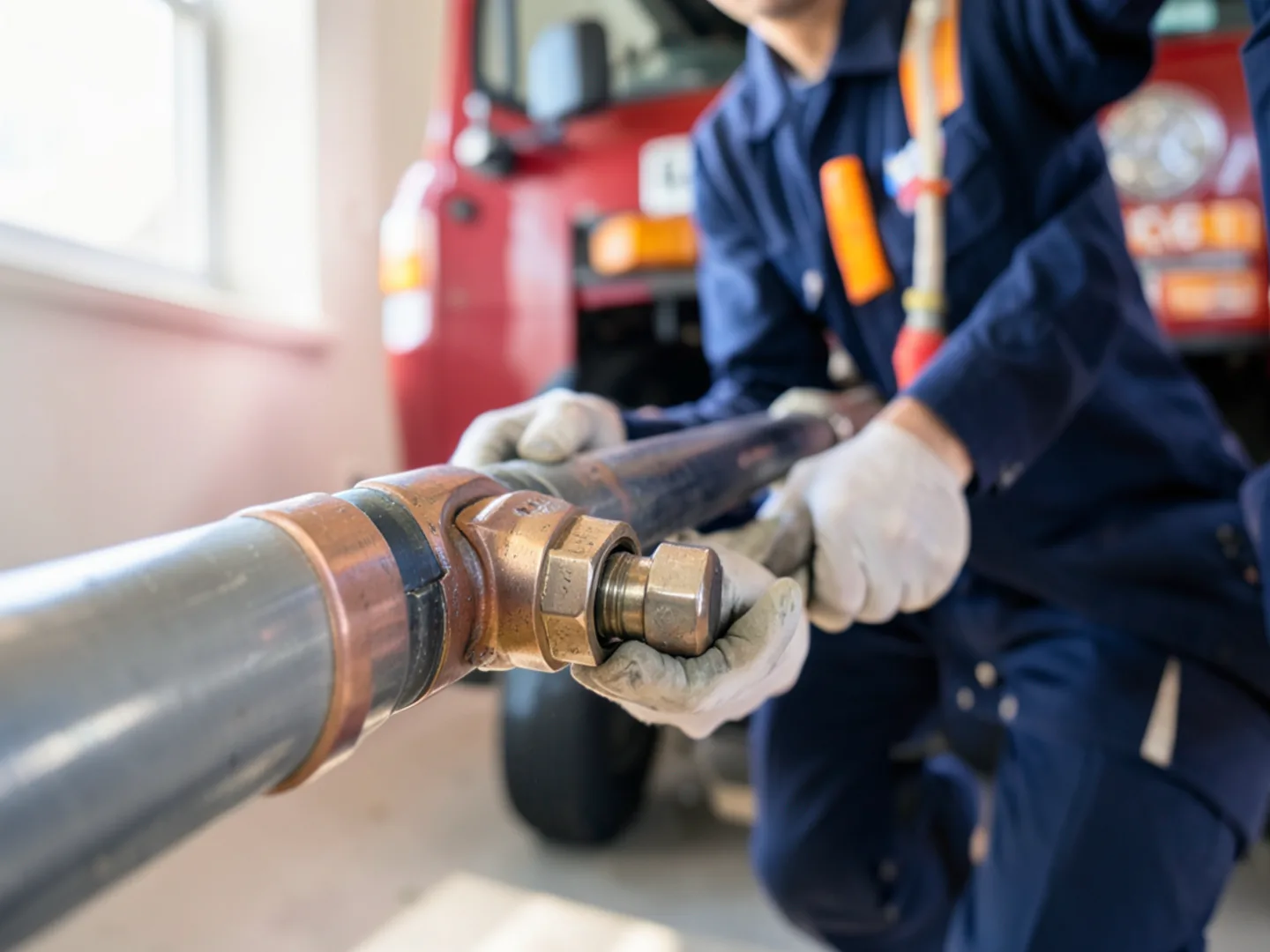 Plumber fitting copper replacement coupling onto cleanly prepped residential water pipe in Fontana