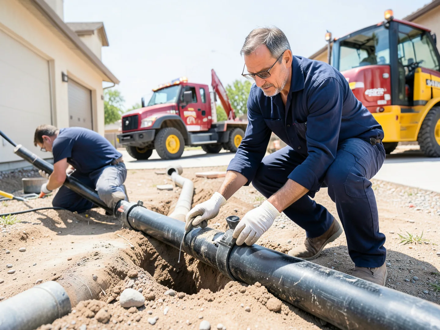 Excavating and repairing exterior underground main water line on rural residential property