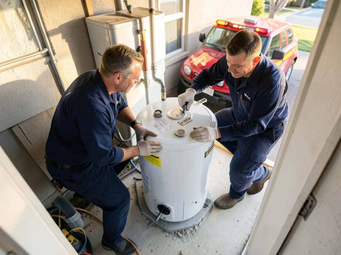 Compact water heater installation in tight residential garage space in Montclair