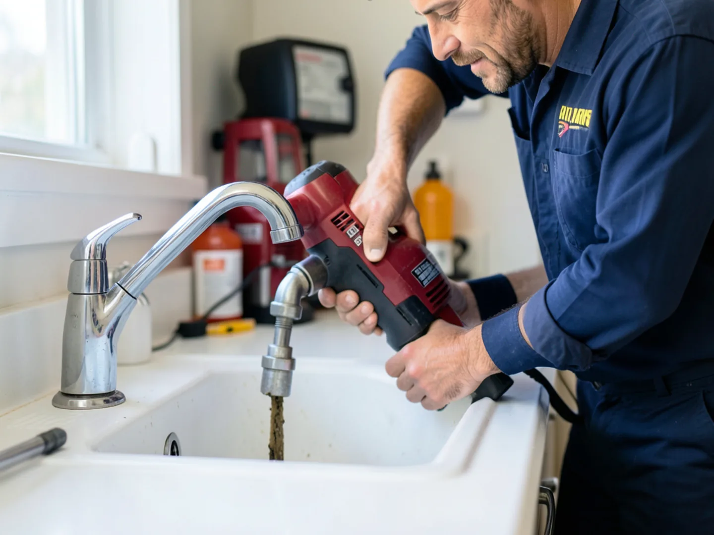 Plumber clearing clogged kitchen sink drain with small electric rooter machine in Montclair