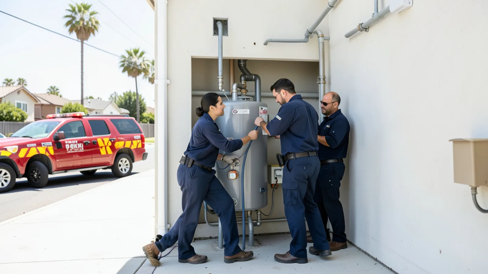 Plumbing technician snaking backed-up kitchen drain line in 1960s Montclair, California residential tract home