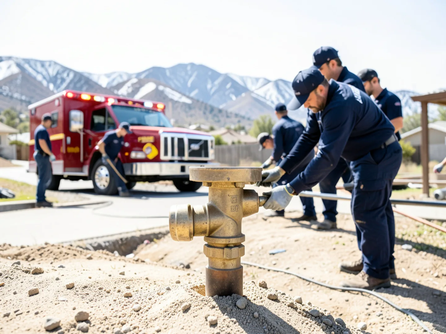 Exterior plumbing valve on foothill property beneath snow-dusted San Gabriel peaks