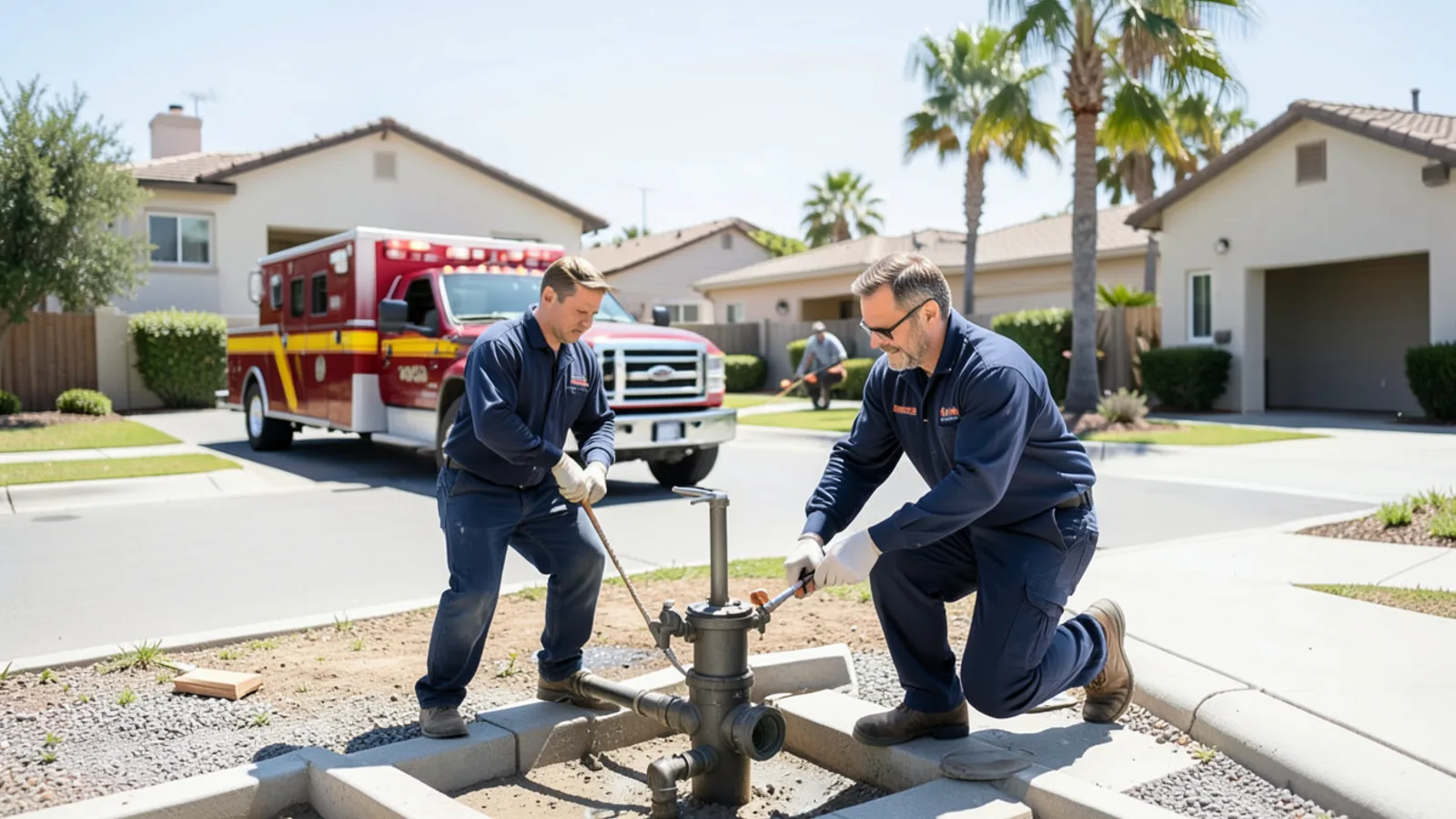 Plumbing contractor inspecting pressurized water manifold in Rancho Cucamonga home near foothills