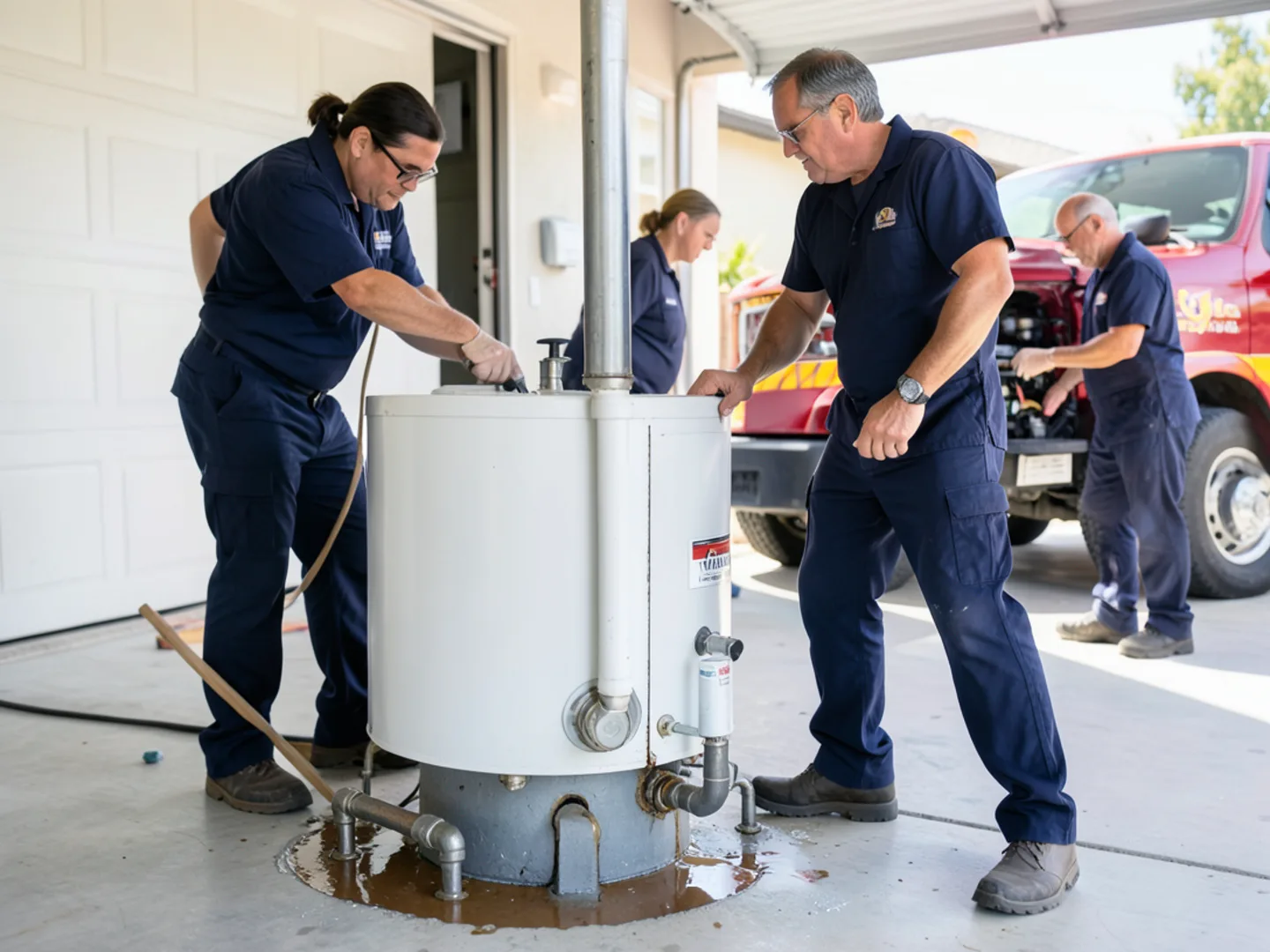 Water heater leaking from internal tank seam onto garage floor in Rialto home