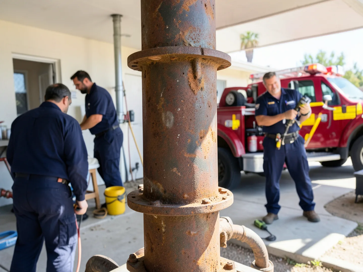 Severely corroded cast iron waste stack pipe in older San Bernardino basement