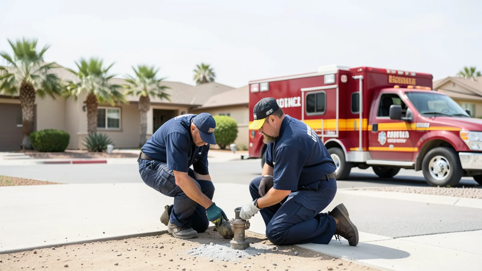 Plumbing contractor assessing corroded galvanized main water line in older residential property in San Bernardino, CA