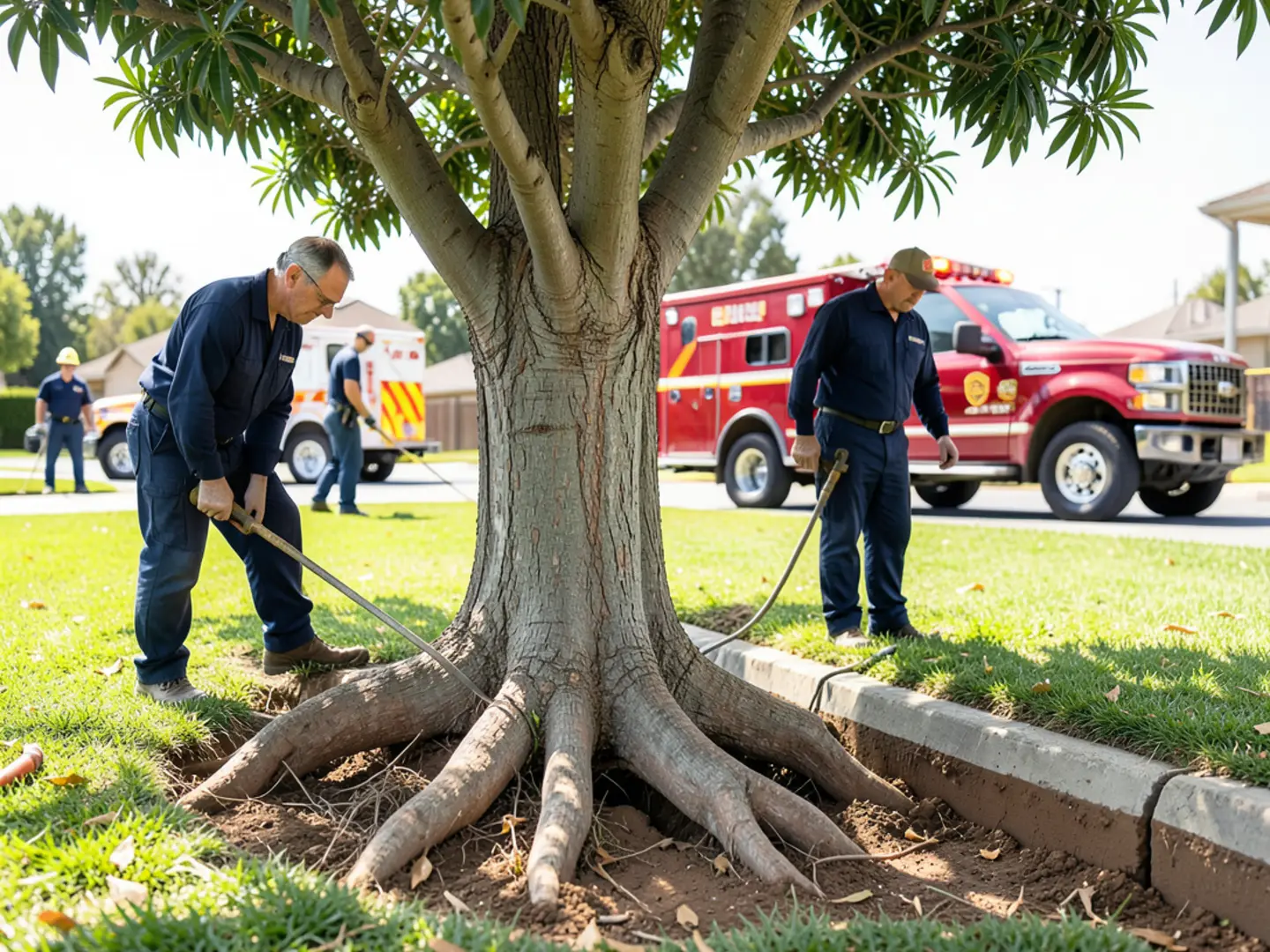 Large pepper tree roots penetrating clay sewer lateral joints beneath front lawn in Upland