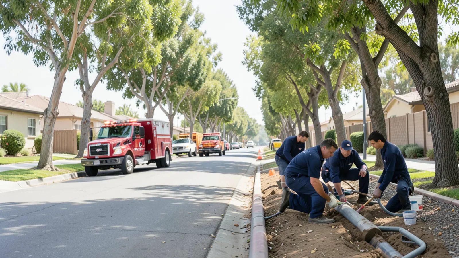Plumbing contractor clearing root-clogged sewer lateral cleanout in an older residential neighborhood in Upland, CA