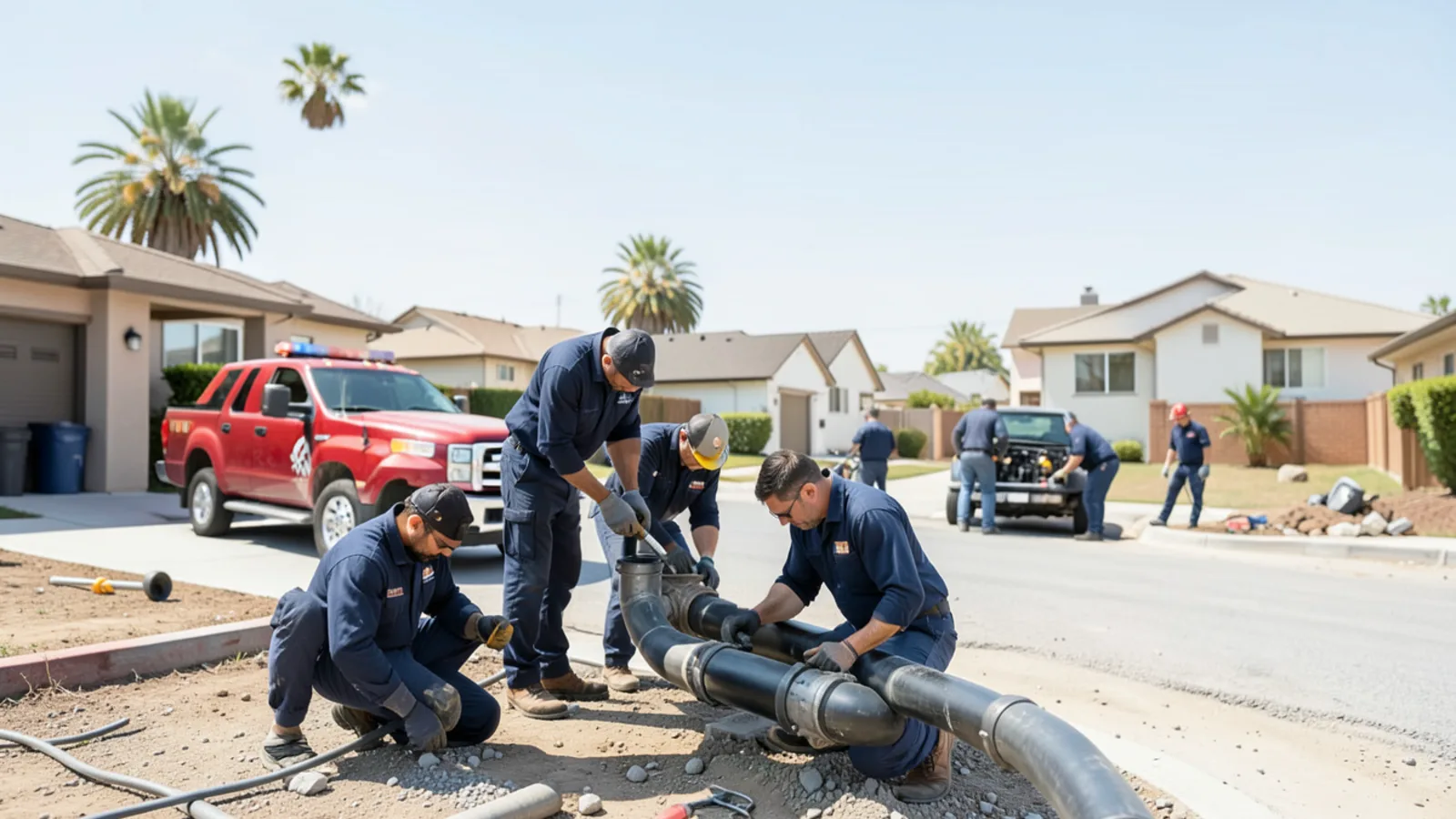 Plumbing contractor tools and diagnostic equipment on a residential job site in Ontario, CA
