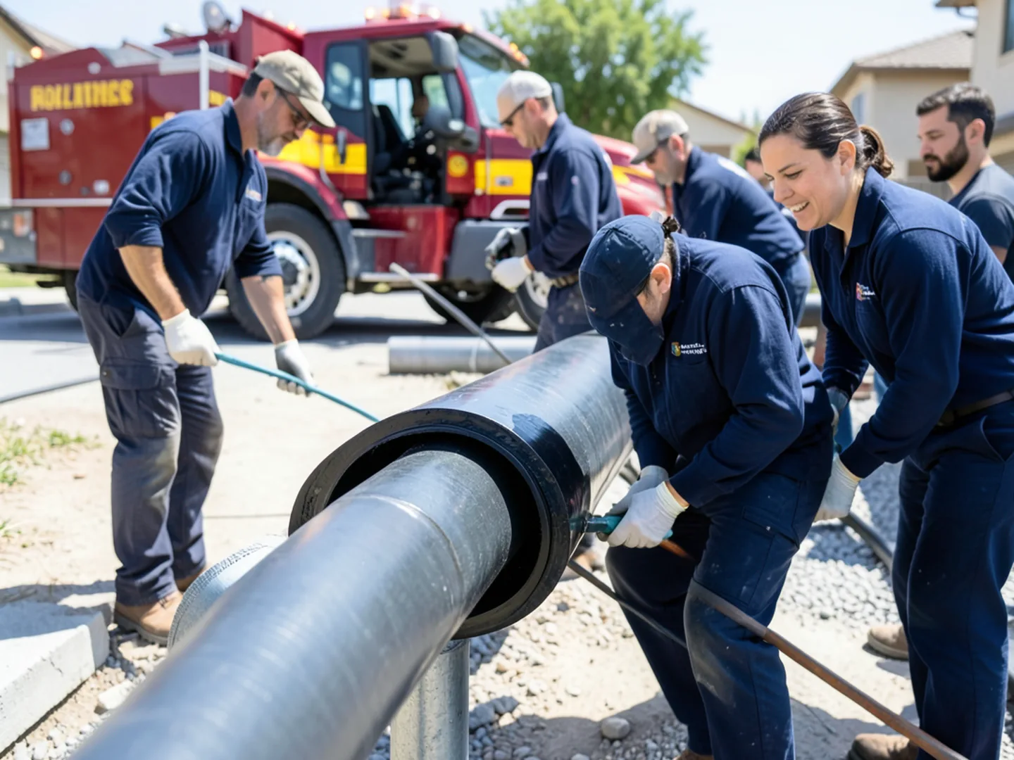 Cured-in-place pipe (CIPP) epoxy resin liner being calibrated for insertion into sewer lateral