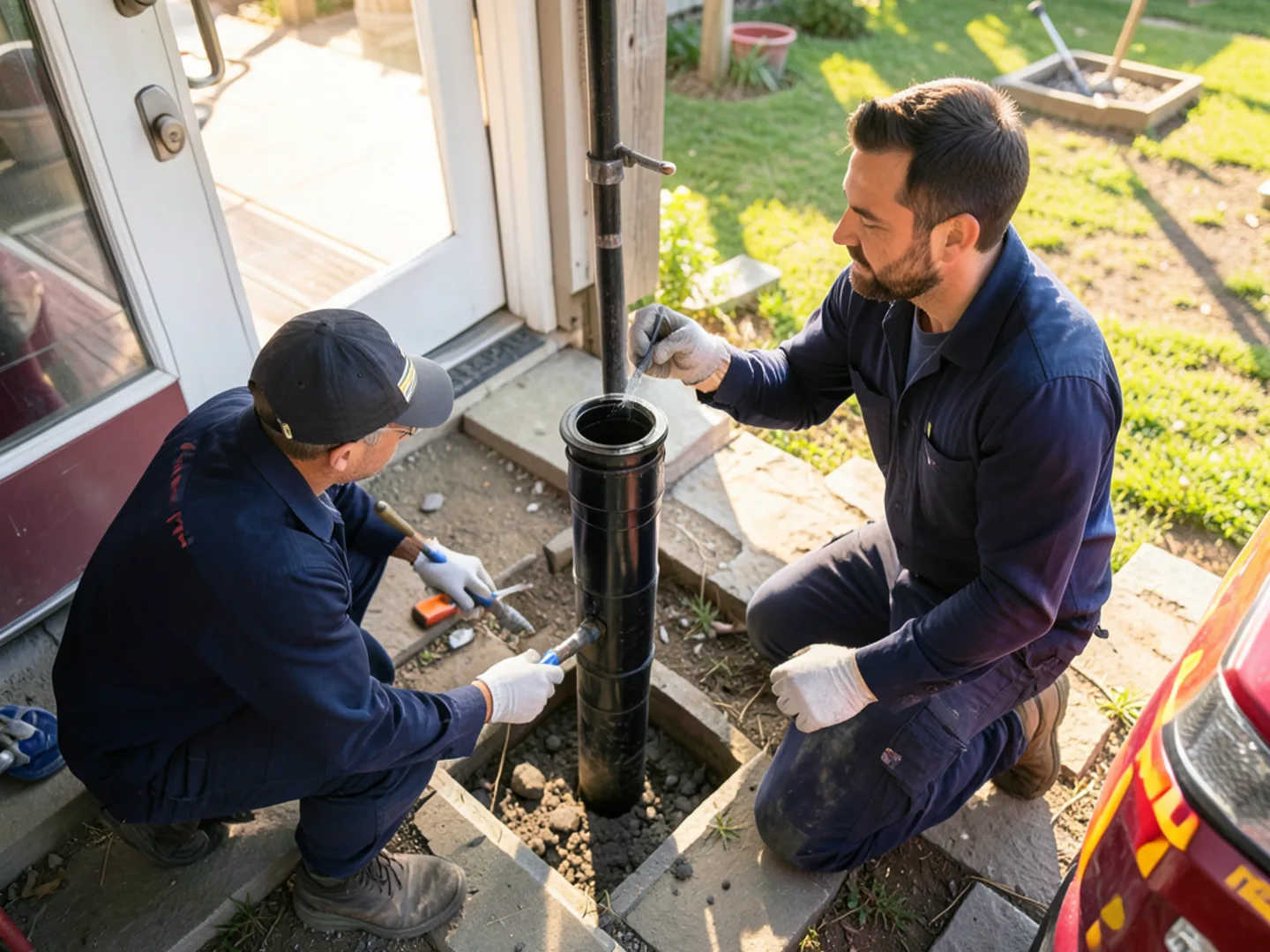 Plumber installing double-sweep two-way sewer cleanout riser in Ontario residential yard