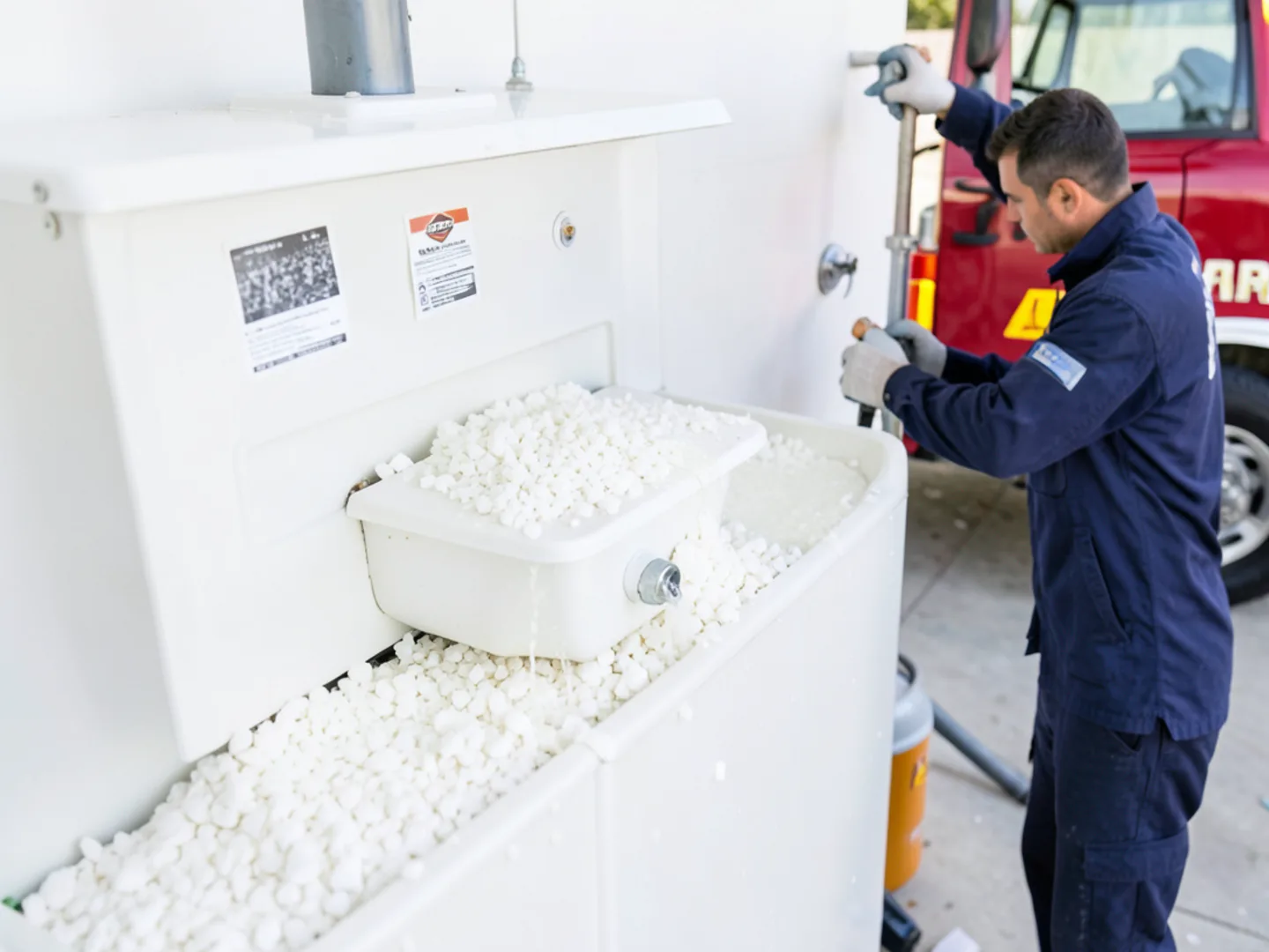 White calcium carbonate mineral flakes flushed from bottom of Inland Empire water heater