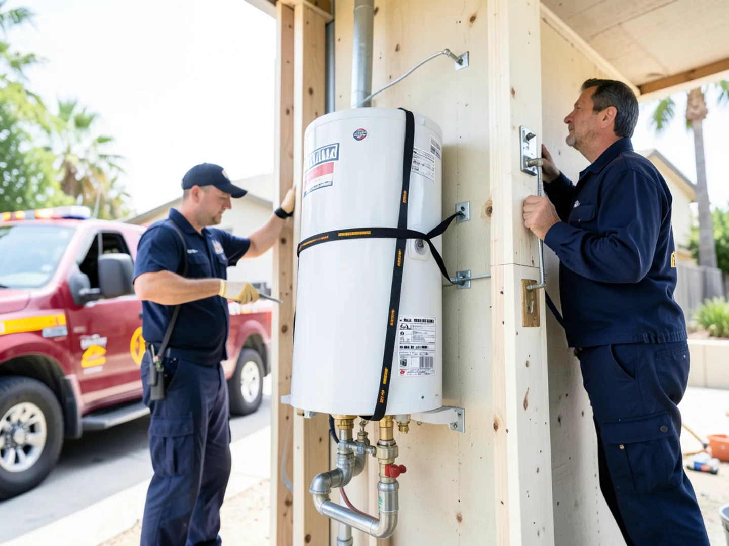 Properly anchored California seismic straps securing residential water heater to wall studs