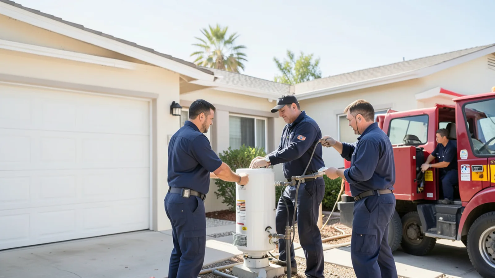 Plumbing contractor servicing residential gas water heater in Ontario, California garage